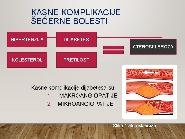 KASNE KOMPLIKACIJE ŠEĆERNE BOLESTI HIPERTENZIJA DIJABETES ATEROSKLEROZA KOLESTEROL PRETILOST Kasne komplikacije dijabetesa su: 1.