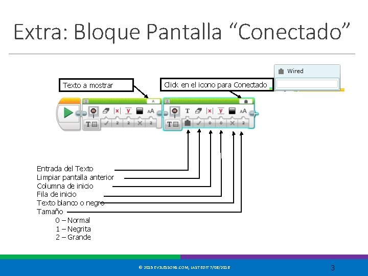 Extra: Bloque Pantalla “Conectado” Texto a mostrar Click en el icono para Conectado Entrada