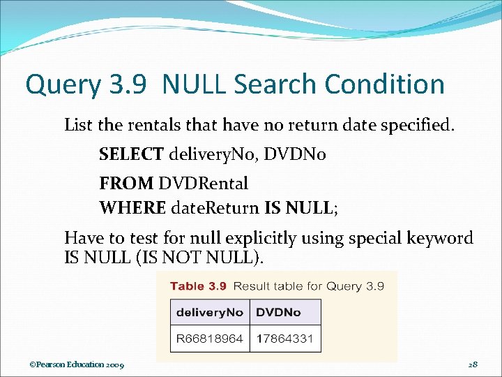 Query 3. 9 NULL Search Condition List the rentals that have no return date Query 3. 9 NULL Search Condition List the rentals that have no return date