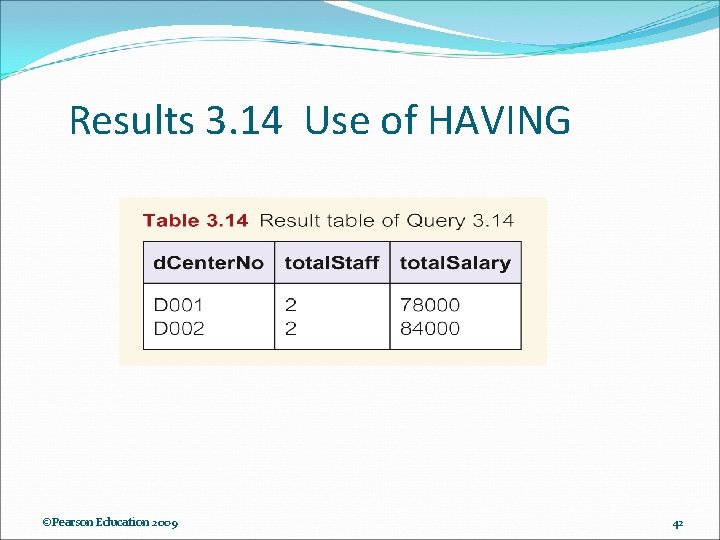 Results 3. 14 Use of HAVING ©Pearson Education 2009 42 Results 3. 14 Use of HAVING ©Pearson Education 2009 42
