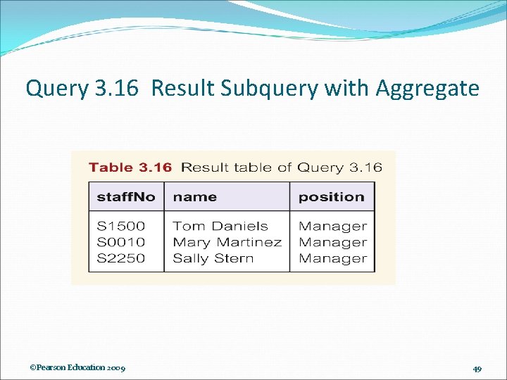 Query 3. 16 Result Subquery with Aggregate ©Pearson Education 2009 49 Query 3. 16 Result Subquery with Aggregate ©Pearson Education 2009 49