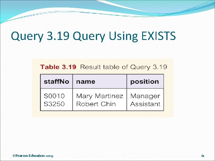 Query 3. 19 Query Using EXISTS ©Pearson Education 2009 61 Query 3. 19 Query Using EXISTS ©Pearson Education 2009 61