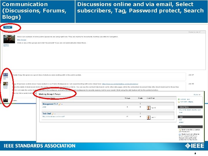 Communication (Discussions, Forums, Blogs) Discussions online and via email, Select subscribers, Tag, Password protect,
