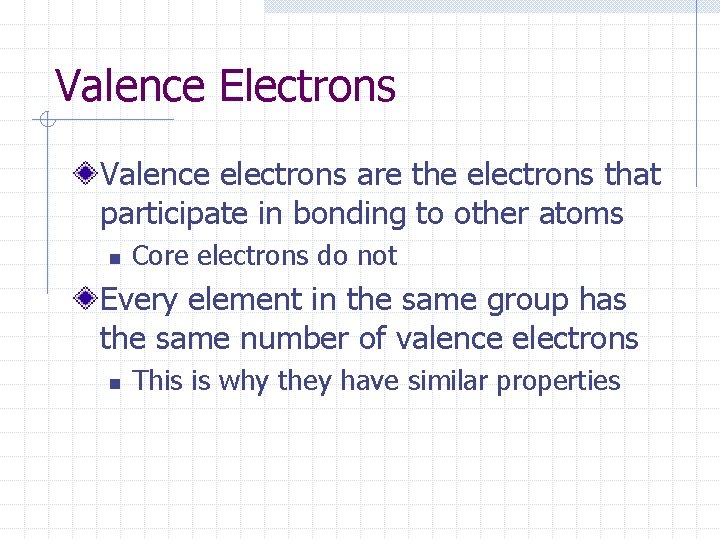 Valence Electrons Valence electrons are the electrons that participate in bonding to other atoms