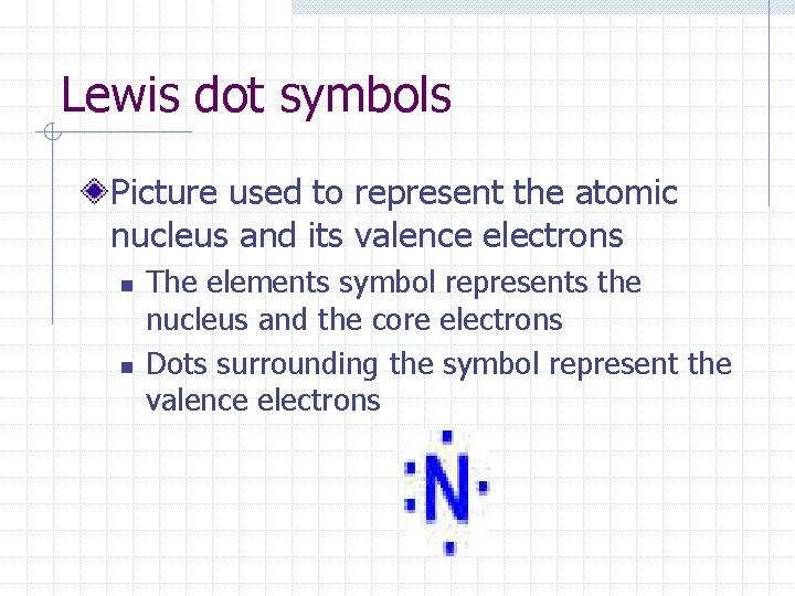 Lewis dot symbols Picture used to represent the atomic nucleus and its valence electrons