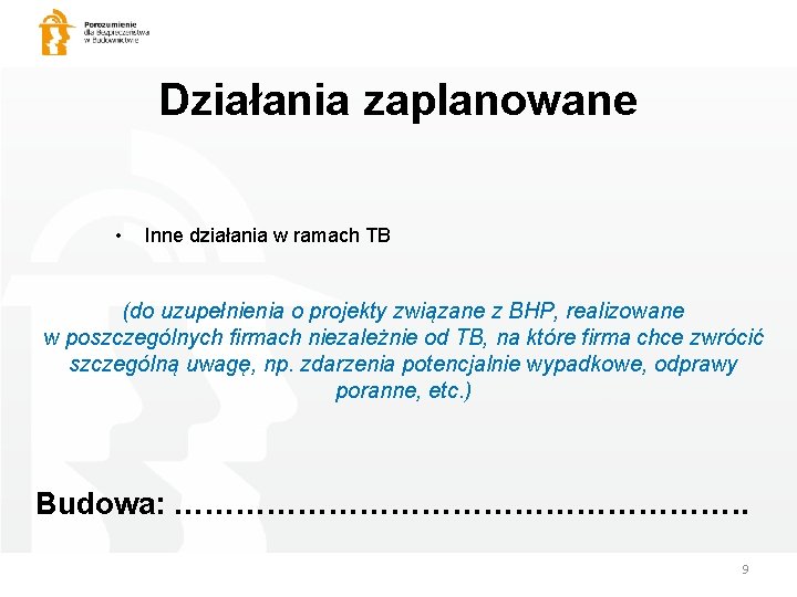 Działania zaplanowane • Inne działania w ramach TB (do uzupełnienia o projekty związane z