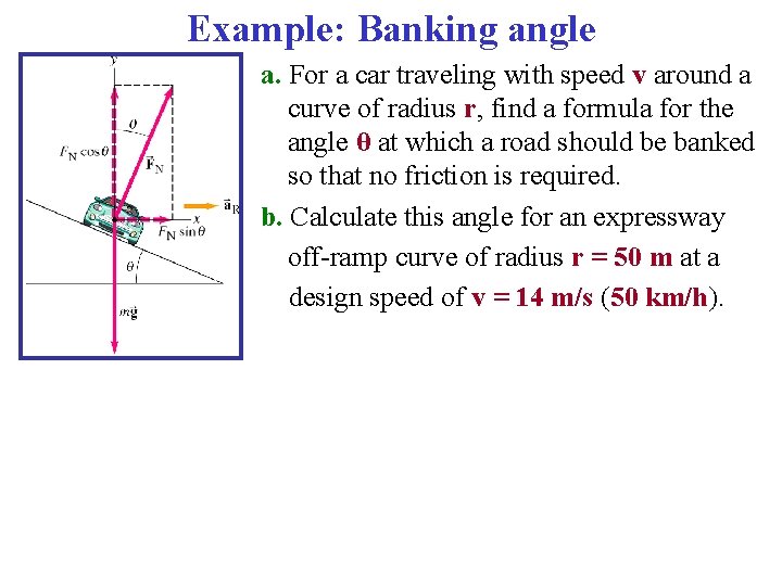 Example: Banking angle a. For a car traveling with speed v around a curve