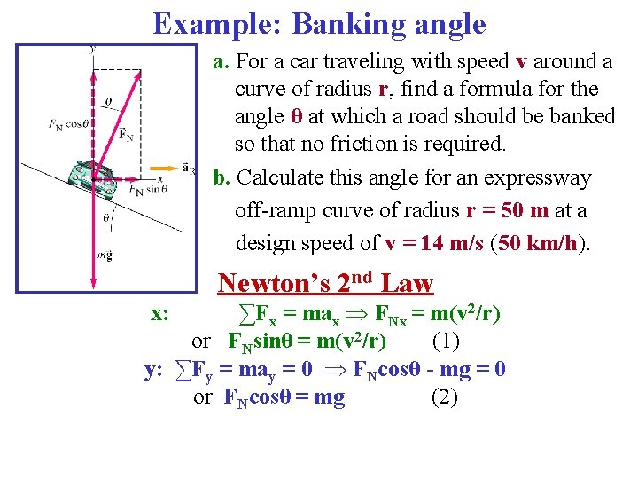 Example: Banking angle a. For a car traveling with speed v around a curve