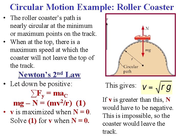 Circular Motion Example: Roller Coaster • The roller coaster’s path is nearly circular at