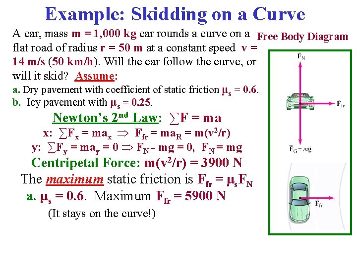 Example: Skidding on a Curve A car, mass m = 1, 000 kg car