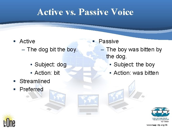 Active vs. Passive Voice § Active – The dog bit the boy. • Subject: