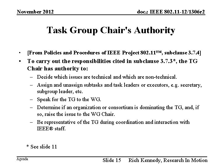 November 2012 doc. : IEEE 802. 11 -12/1306 r 2 Task Group Chair's Authority