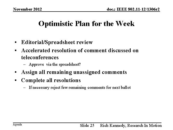 November 2012 doc. : IEEE 802. 11 -12/1306 r 2 Optimistic Plan for the