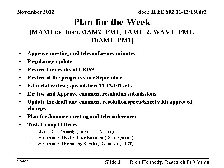 November 2012 doc. : IEEE 802. 11 -12/1306 r 2 Plan for the Week