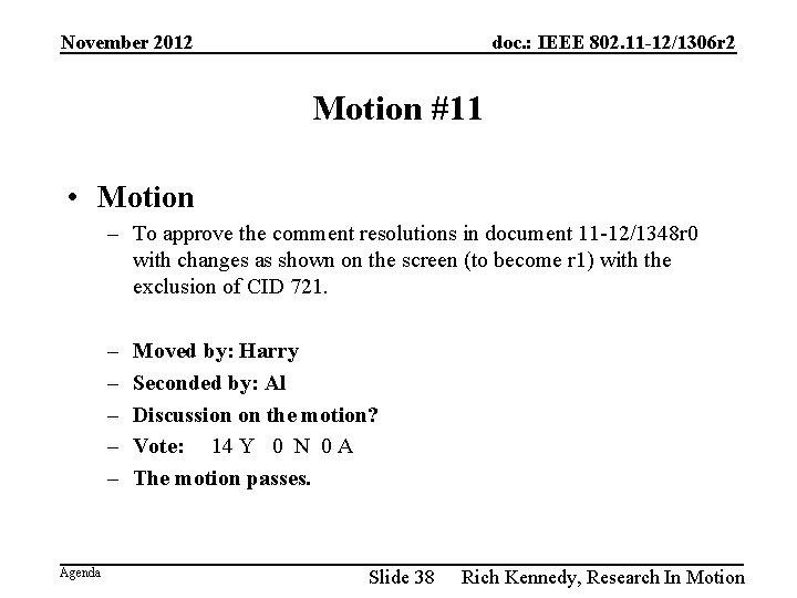 November 2012 doc. : IEEE 802. 11 -12/1306 r 2 Motion #11 • Motion