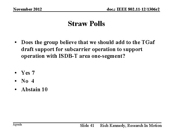 November 2012 doc. : IEEE 802. 11 -12/1306 r 2 Straw Polls • Does