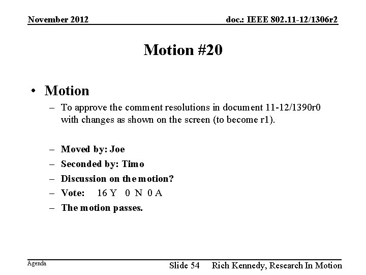 November 2012 doc. : IEEE 802. 11 -12/1306 r 2 Motion #20 • Motion