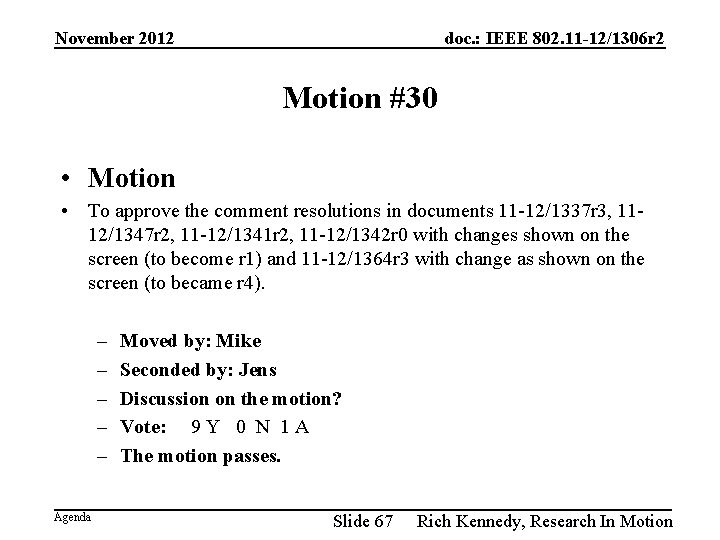 November 2012 doc. : IEEE 802. 11 -12/1306 r 2 Motion #30 • Motion