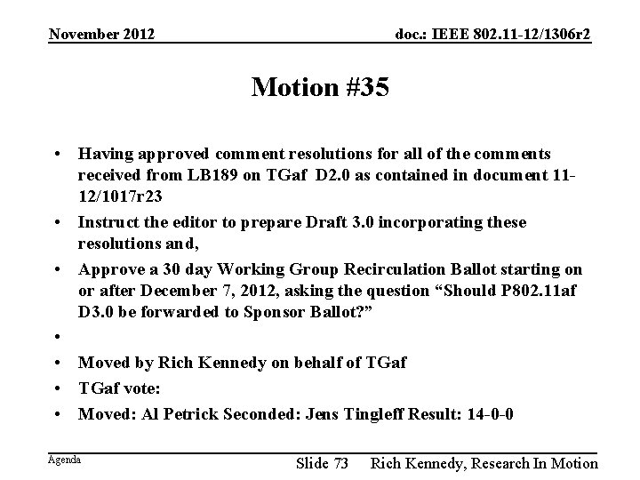 November 2012 doc. : IEEE 802. 11 -12/1306 r 2 Motion #35 • Having