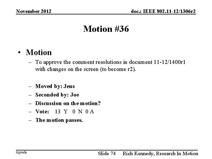 November 2012 doc. : IEEE 802. 11 -12/1306 r 2 Motion #36 • Motion