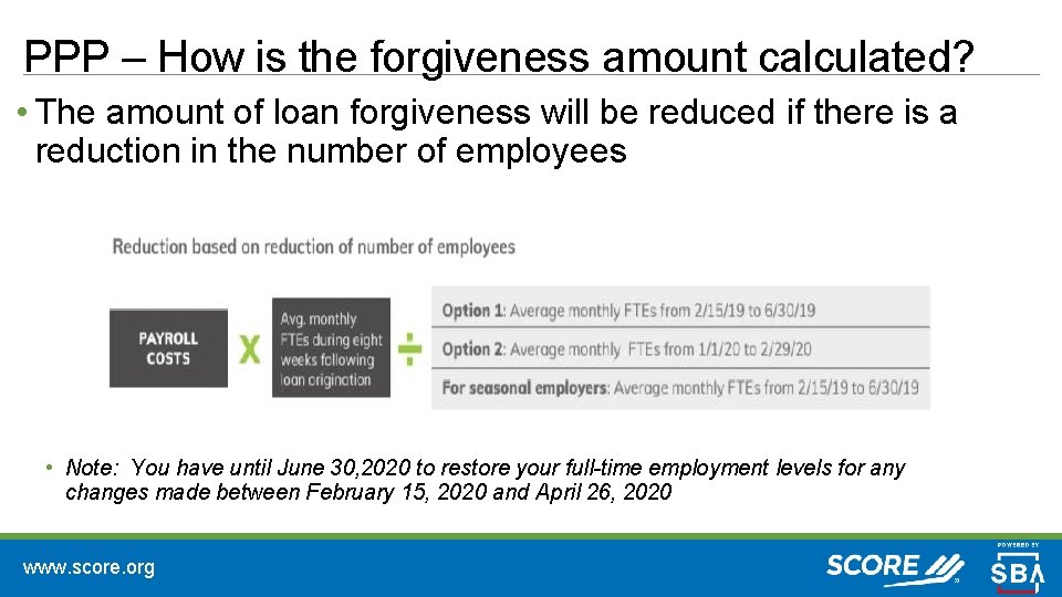 PPP – How is the forgiveness amount calculated? • The amount of loan forgiveness
