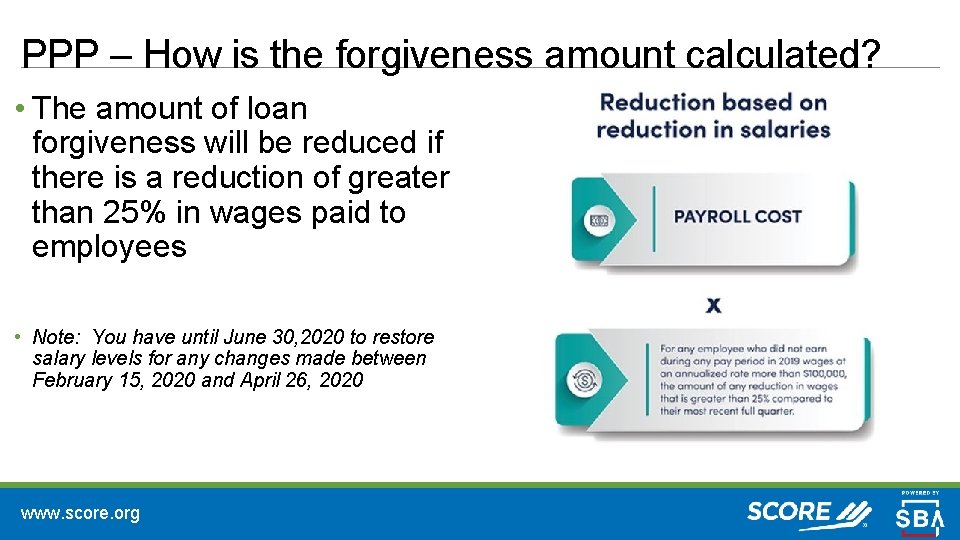 PPP – How is the forgiveness amount calculated? • The amount of loan forgiveness