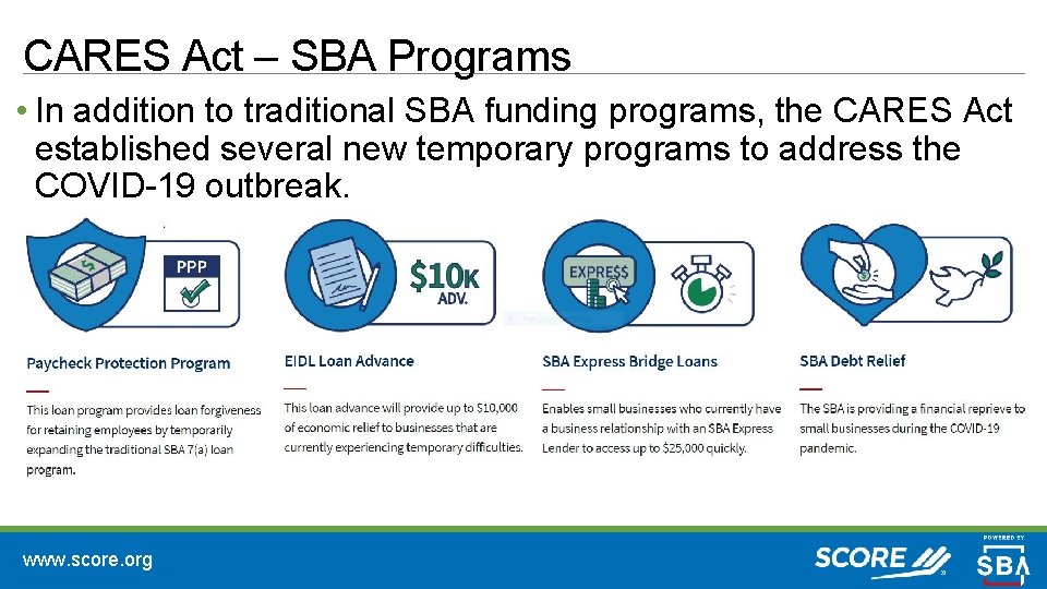CARES Act – SBA Programs • In addition to traditional SBA funding programs, the