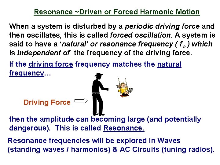 Resonance ~Driven or Forced Harmonic Motion When a system is disturbed by a periodic
