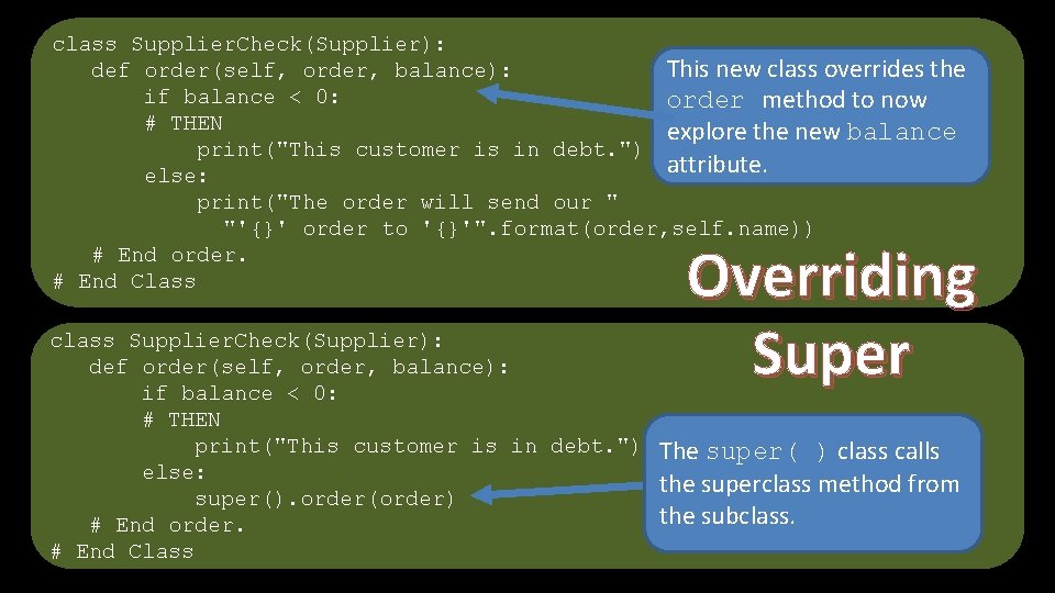 class Supplier. Check(Supplier): def order(self, order, balance): This new class overrides the if balance