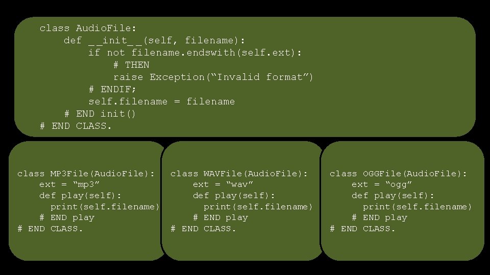 class Audio. File: def _ _init_ _(self, filename): if not filename. endswith(self. ext): #