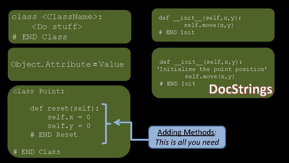 class <Class. Name>: <Do stuff> # END Class Object. Attribute = Value class Point: