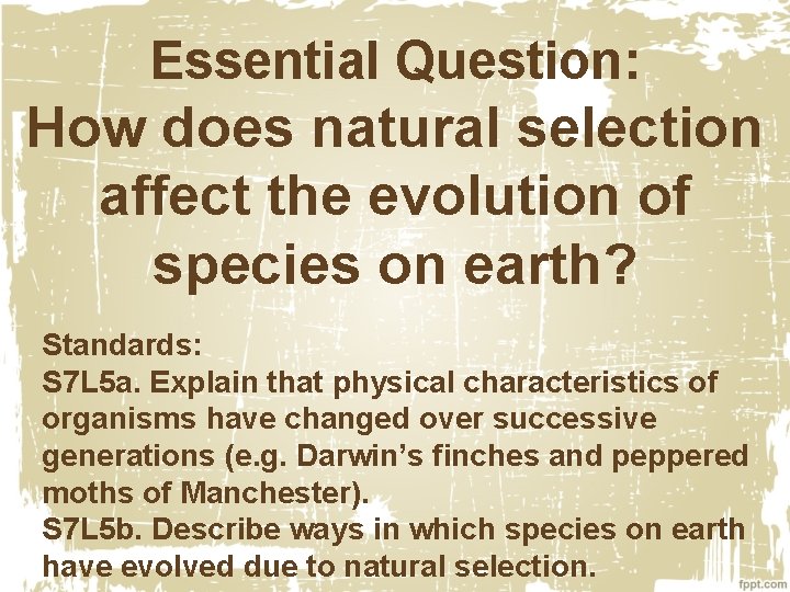 Essential Question: How does natural selection affect the evolution of species on earth? Standards: