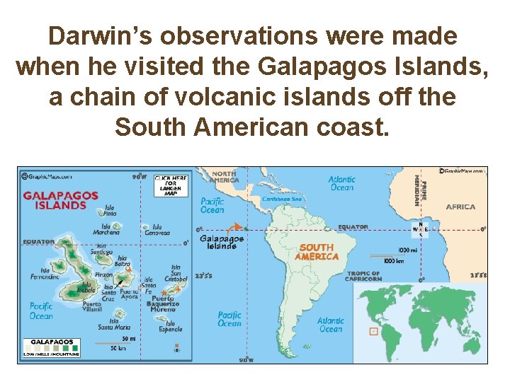 Darwin’s observations were made when he visited the Galapagos Islands, a chain of volcanic
