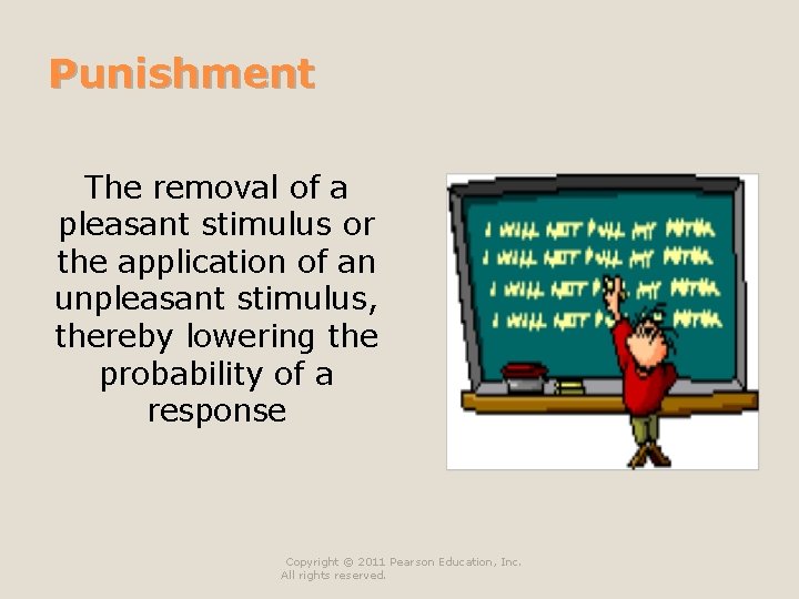 Punishment The removal of a pleasant stimulus or the application of an unpleasant stimulus,