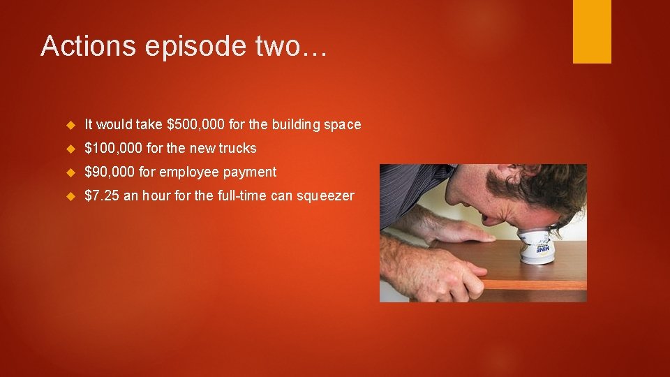 Actions episode two… It would take $500, 000 for the building space $100, 000
