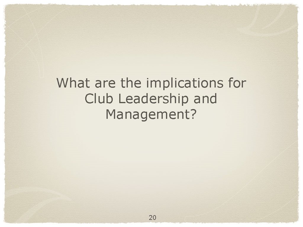 What are the implications for Club Leadership and Management? 20 