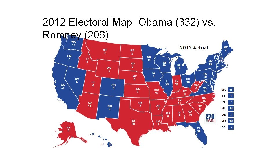 2012 Electoral Map Obama (332) vs. Romney (206) 