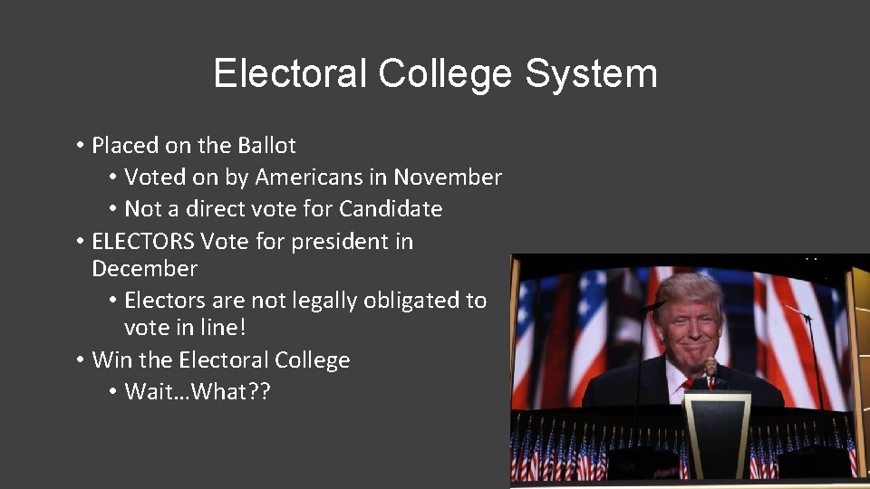 Electoral College System • Placed on the Ballot • Voted on by Americans in