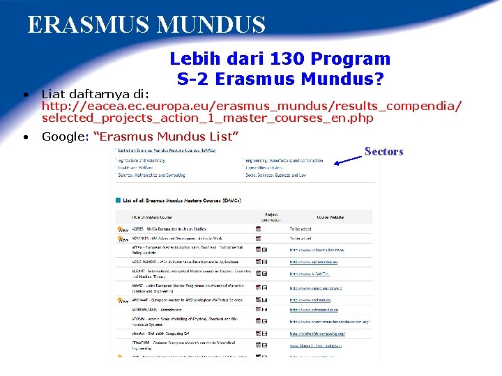 ERASMUS MUNDUS Lebih dari 130 Program S-2 Erasmus Mundus? • Liat daftarnya di: http: