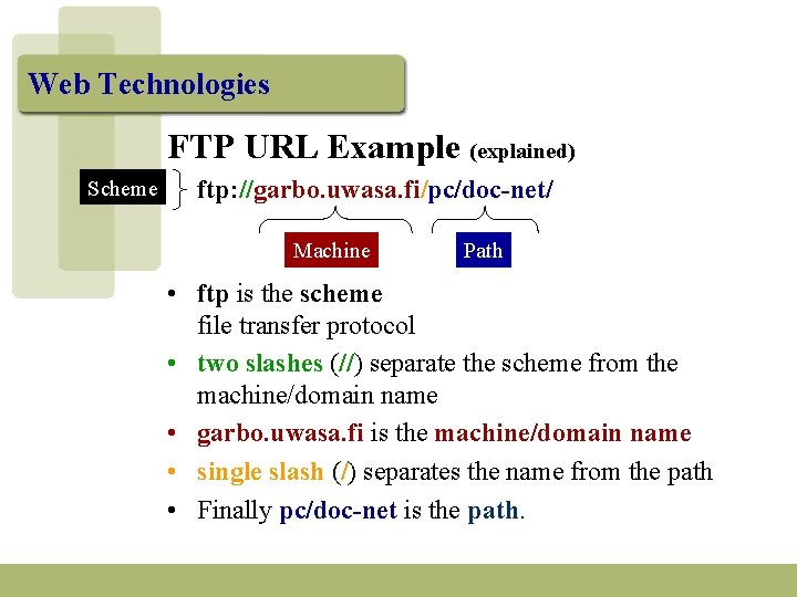 Web Technologies FTP URL Example (explained) Scheme ftp: //garbo. uwasa. fi/pc/doc-net/ Machine Path •