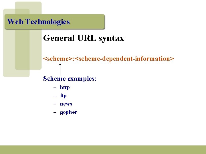 Web Technologies General URL syntax <scheme>: <scheme-dependent-information> Scheme examples: – – http ftp news