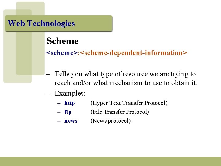 Web Technologies Scheme <scheme>: <scheme-dependent-information> – Tells you what type of resource we are