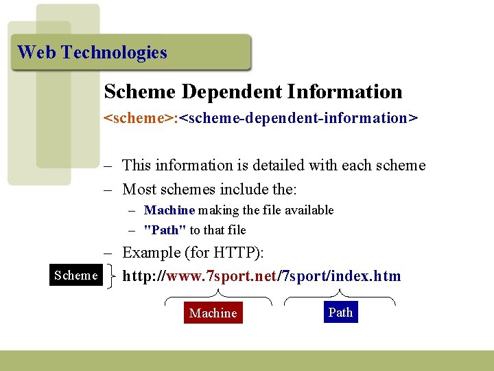 Web Technologies Scheme Dependent Information <scheme>: <scheme-dependent-information> – This information is detailed with each