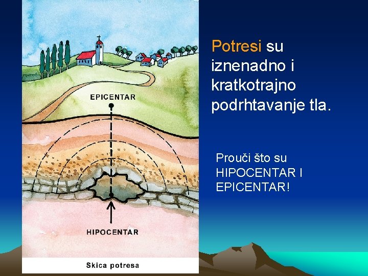 Potresi su iznenadno i kratkotrajno podrhtavanje tla. Prouči što su HIPOCENTAR I EPICENTAR! 