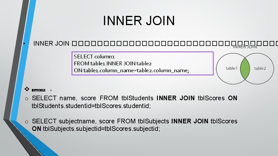 INNER JOIN • INNER JOIN ����������������� SELECT column 1 FROM table 1 INNER JOIN