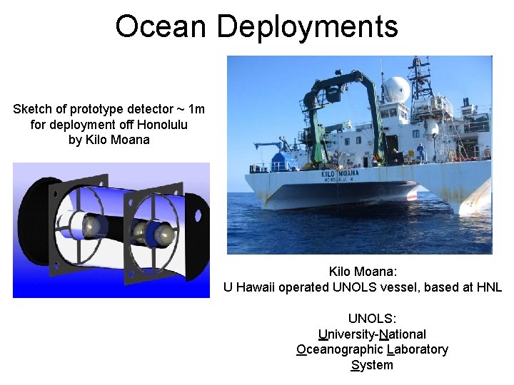 Ocean Deployments Sketch of prototype detector ~ 1 m for deployment off Honolulu by