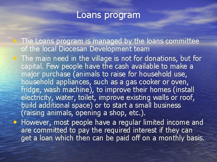 Loans program • The Loans program is managed by the loans committee • • Loans program • The Loans program is managed by the loans committee • •