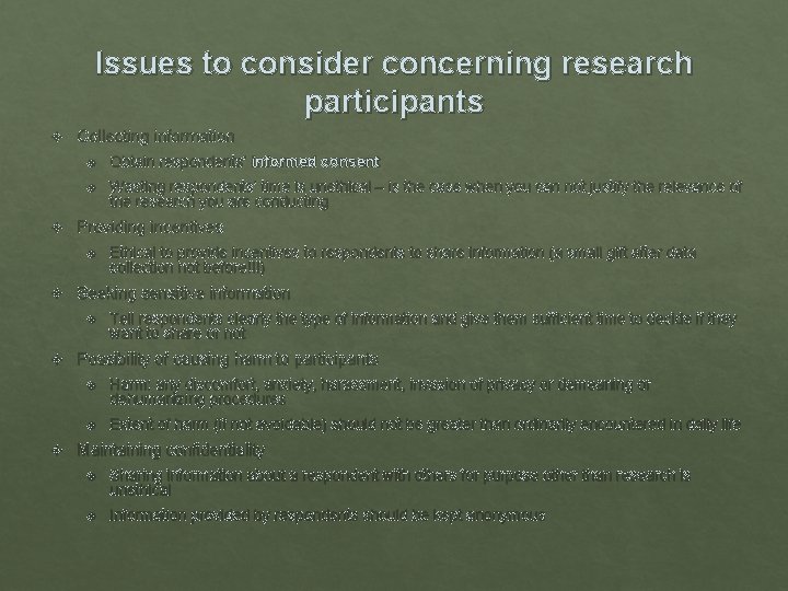 Issues to consider concerning research participants Collecting information Obtain respondents’ informed consent Wasting respondents’