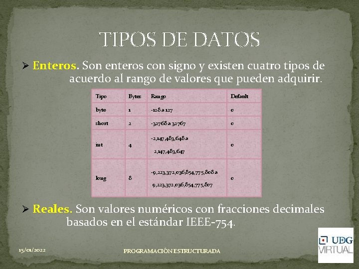 TIPOS DE DATOS Ø Enteros. Son enteros con signo y existen cuatro tipos de TIPOS DE DATOS Ø Enteros. Son enteros con signo y existen cuatro tipos de