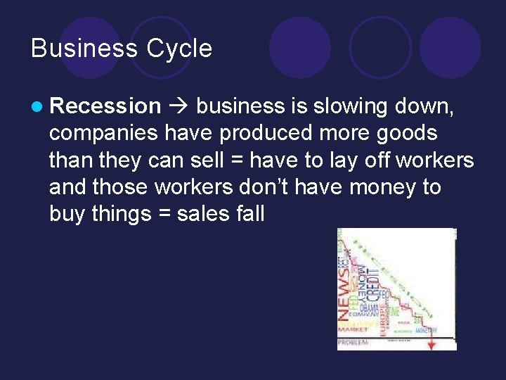 Business Cycle l Recession business is slowing down, companies have produced more goods than Business Cycle l Recession business is slowing down, companies have produced more goods than